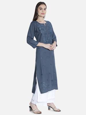 Hand Embroidered Grey Rayon Lucknowi Chikankari Kurti 3