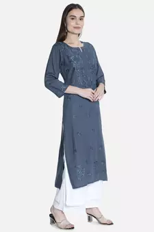Hand Embroidered Grey Rayon Lucknowi Chikankari Kurti