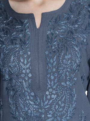 Hand Embroidered Grey Rayon Lucknowi Chikankari Kurti 4