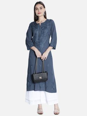 Hand Embroidered Grey Rayon Lucknowi Chikankari Kurti 5