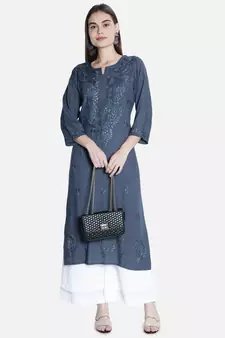 Hand Embroidered Grey Rayon Lucknowi Chikankari Kurti
