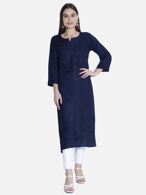 Hand Embroidered Navy-Blue Rayon Chikankari-Kurtis 1
