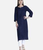 Hand Embroidered Navy-Blue Rayon Chikankari-Kurtis