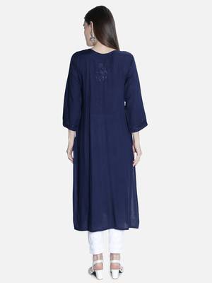 Hand Embroidered Navy-Blue Rayon Chikankari-Kurtis 2