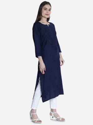 Hand Embroidered Navy-Blue Rayon Chikankari-Kurtis 3