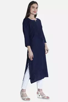 Hand Embroidered Navy-Blue Rayon Chikankari-Kurtis