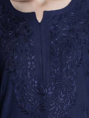 Hand Embroidered Navy-Blue Rayon Chikankari-Kurtis 4