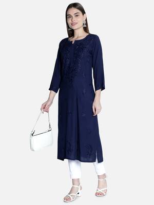 Hand Embroidered Navy-Blue Rayon Chikankari-Kurtis 5