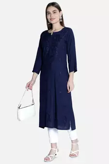 Hand Embroidered Navy-Blue Rayon Chikankari-Kurtis