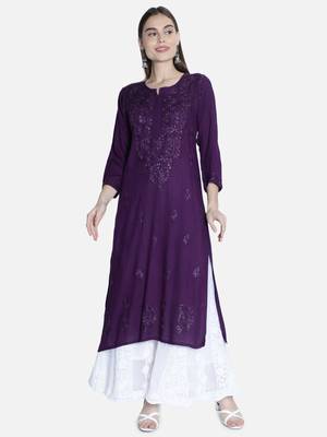 Seva Chikan Hand Embroidered Purple Rayon Chikankari-Kurtis 1