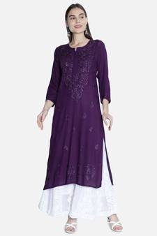 Seva Chikan Hand Embroidered Purple Rayon Chikankari-Kurtis