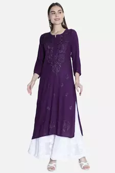Seva Chikan Hand Embroidered Purple Rayon Chikankari-Kurtis