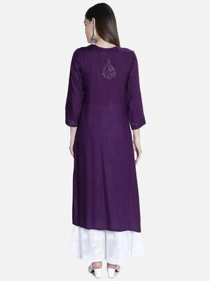 Seva Chikan Hand Embroidered Purple Rayon Chikankari-Kurtis 2