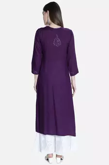 Seva Chikan Hand Embroidered Purple Rayon Chikankari-Kurtis
