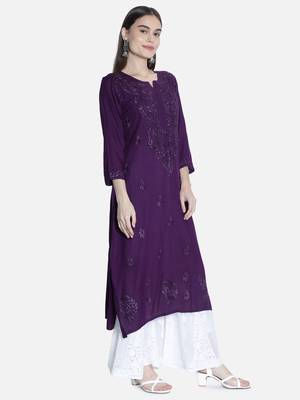 Seva Chikan Hand Embroidered Purple Rayon Chikankari-Kurtis 3