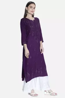 Seva Chikan Hand Embroidered Purple Rayon Chikankari-Kurtis