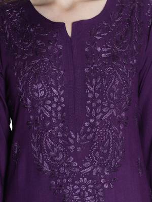 Seva Chikan Hand Embroidered Purple Rayon Chikankari-Kurtis 4