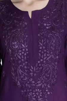 Seva Chikan Hand Embroidered Purple Rayon Chikankari-Kurtis