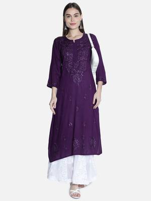 Seva Chikan Hand Embroidered Purple Rayon Chikankari-Kurtis 5
