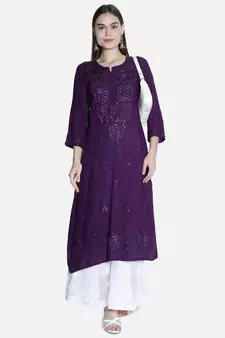 Seva Chikan Hand Embroidered Purple Rayon Chikankari-Kurtis