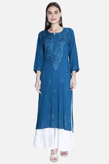Seva Chikan Hand Embroidered Blue Rayon Chikankari-Kurtis