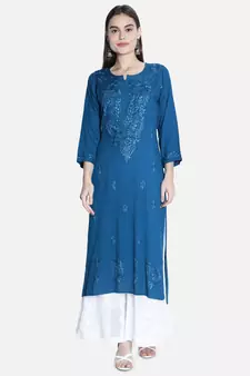Seva Chikan Hand Embroidered Blue Rayon Chikankari-Kurtis