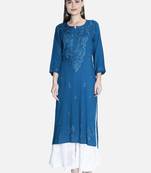 Seva Chikan Hand Embroidered Blue Rayon Chikankari-Kurtis
