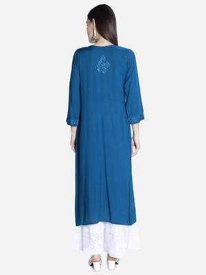 Seva Chikan Hand Embroidered Blue Rayon Chikankari-Kurtis 2