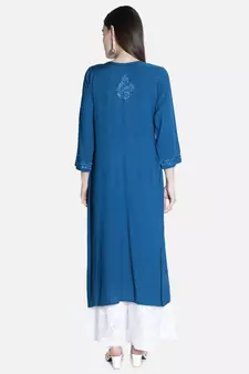 Seva Chikan Hand Embroidered Blue Rayon Chikankari-Kurtis