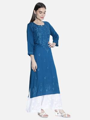 Seva Chikan Hand Embroidered Blue Rayon Chikankari-Kurtis 3