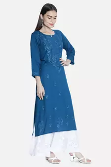Seva Chikan Hand Embroidered Blue Rayon Chikankari-Kurtis