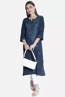 Seva Chikan Hand Embroidered Blue Rayon Chikankari-Kurtis