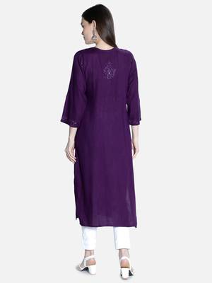 Seva Chikan Hand Embroidered Purple Rayon Chikankari-Kurtis 2