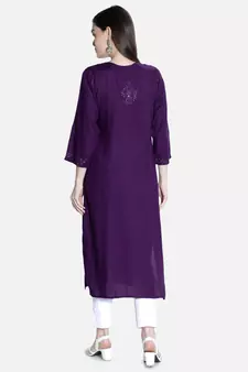 Seva Chikan Hand Embroidered Purple Rayon Chikankari-Kurtis