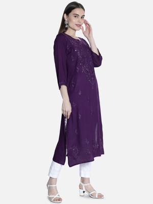 Seva Chikan Hand Embroidered Purple Rayon Chikankari-Kurtis 3