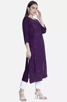 Seva Chikan Hand Embroidered Purple Rayon Chikankari-Kurtis