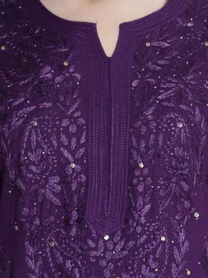 Seva Chikan Hand Embroidered Purple Rayon Chikankari-Kurtis 4