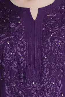 Seva Chikan Hand Embroidered Purple Rayon Chikankari-Kurtis