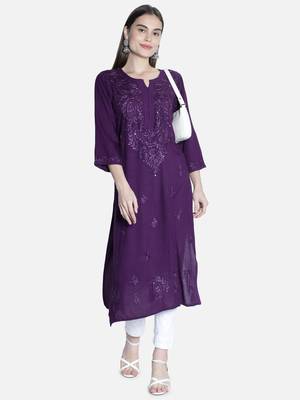 Seva Chikan Hand Embroidered Purple Rayon Chikankari-Kurtis 5