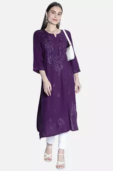 Seva Chikan Hand Embroidered Purple Rayon Chikankari-Kurtis