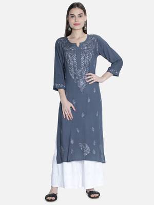 Hand Embroidered Grey Rayon Chikankari-kurtis 1