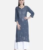 Hand Embroidered Grey Rayon Chikankari-kurtis