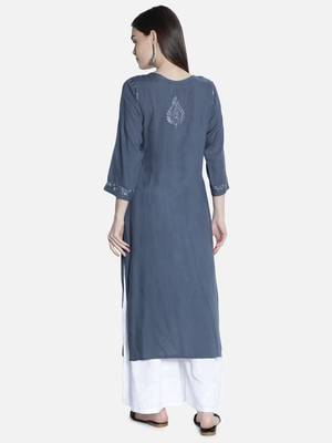 Hand Embroidered Grey Rayon Chikankari-kurtis 2