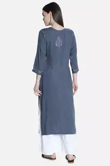 Hand Embroidered Grey Rayon Chikankari-kurtis