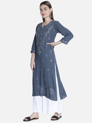 Hand Embroidered Grey Rayon Chikankari-kurtis 3