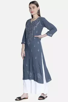 Hand Embroidered Grey Rayon Chikankari-kurtis