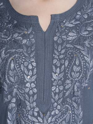 Hand Embroidered Grey Rayon Chikankari-kurtis 4