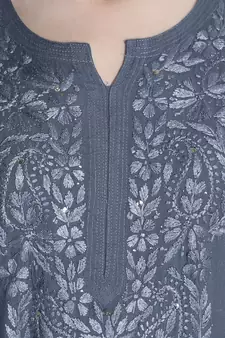 Hand Embroidered Grey Rayon Chikankari-kurtis