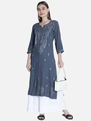 Hand Embroidered Grey Rayon Chikankari-kurtis 5