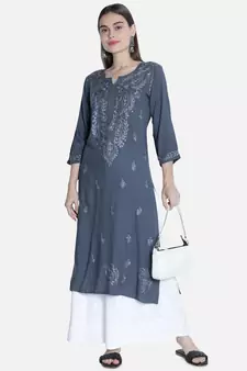 Hand Embroidered Grey Rayon Chikankari-kurtis